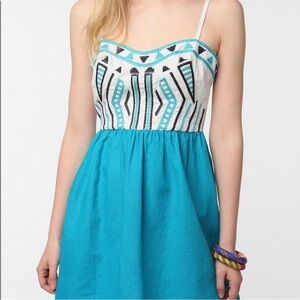 Urban Outfitters Staring at Stars Linen Embroidered Geometric Teal Mini Dress 2